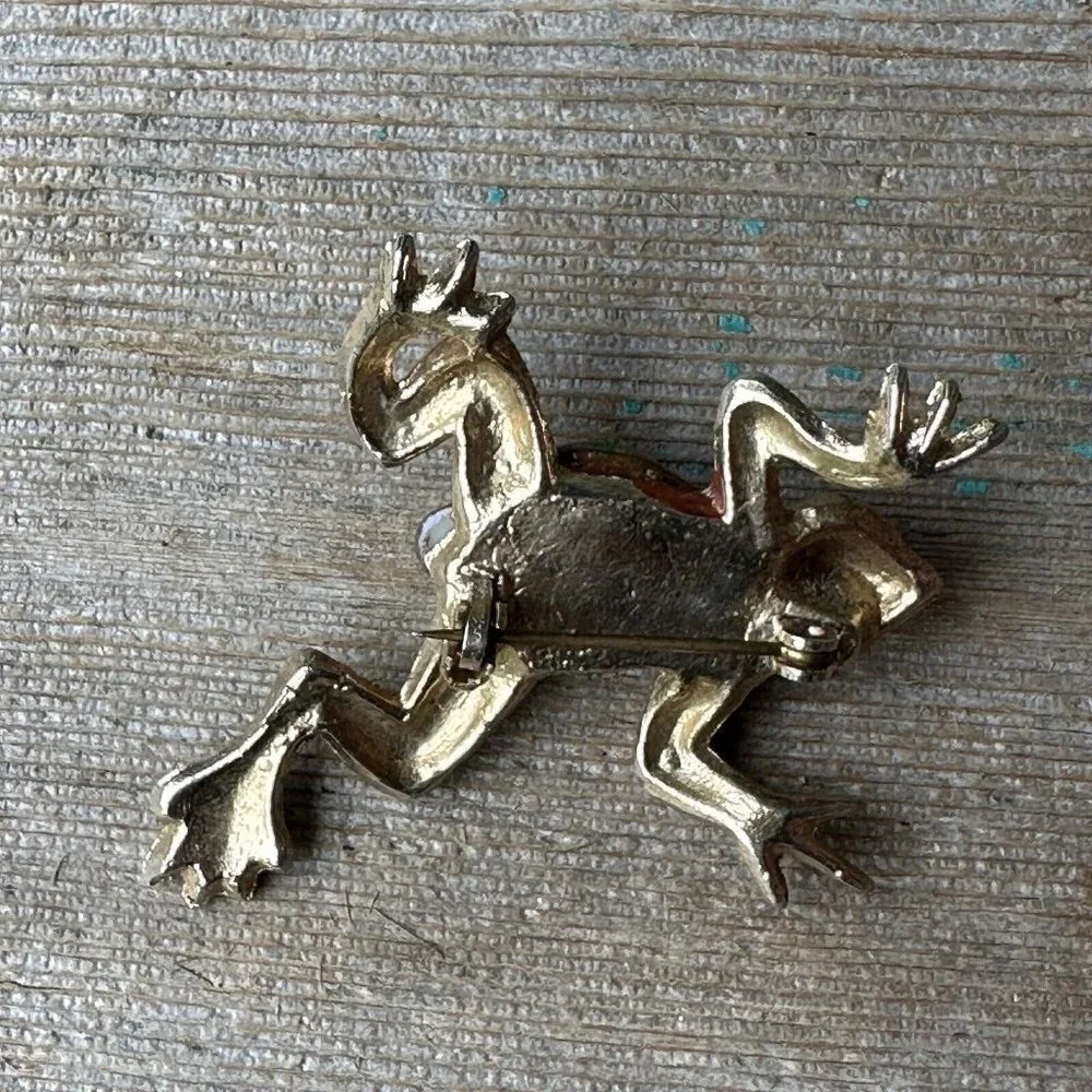 VTG Artisan Frog Brooch Pin 2 Inch Gold Tone Pave Green Crystal Eyes Handpainted